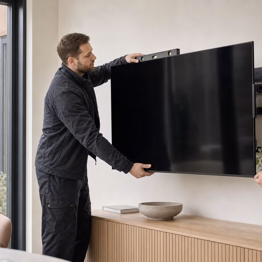 Fotografi av en montör som placerar en TV på väggen